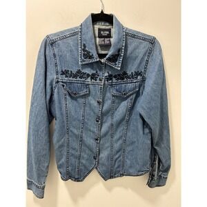 Solutions Original Women Medium Blue Denim Jacket Floral Embroidered Vest Hem
